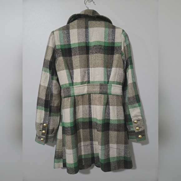 EUC Me Jane green plaid Jacket belted w/ pockets, gold buttons , coat - Picture 6 of 8